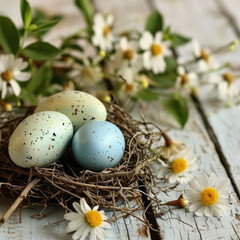 Naklejka na ściany i meble Three Eggs in Nest With Daisies and Daisies