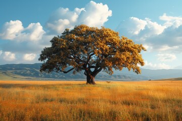 Fototapeta premium tree in autumn field at blue sky