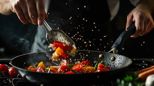 Generative AI : Chef cooking vegetables on a pan. Black background for copy text.