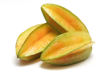 Three fresh organic star fruit delicious isolated on white background clipping path