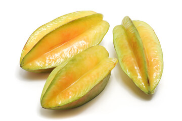 Three fresh organic star fruit delicious isolated on white background clipping path