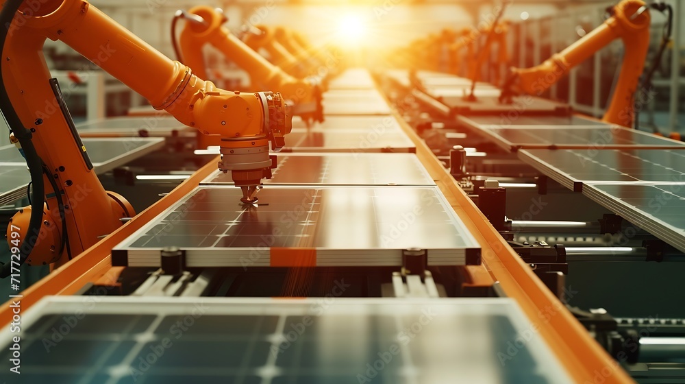 Aufkleber Generative AI : Large Production Line with Industrial Robot Arms at Modern Bright Factory. 
