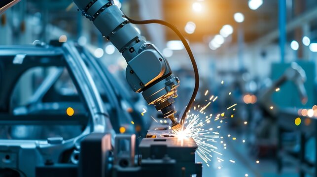 Generative AI : Smart robot arm systems for innovative warehouse and factory digital technology . Automation manufacturing robot controlled by industry engineering using IOT software connected to inte