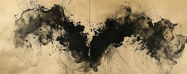 A series of abstract ink blots on parchment paper, merging to create a heart shape, capturing the spontaneity and unpredictability of emotions - obrazy, fototapety, plakaty