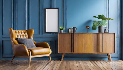 Modern mid century interior of living room ,leather armchair with wood cabinet on blue wall. Generative AI.