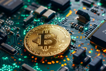 Digitale Zukunft im Fokus: Bitcoin Chip Illustration als Symbol für sichere Krypto-Transaktionen und technologischen Fortschritt im Finanzwesen - obrazy, fototapety, plakaty