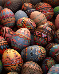 Fototapeta na wymiar Colorful Painted Eggs Stacked in a Pile on Top of Each Other