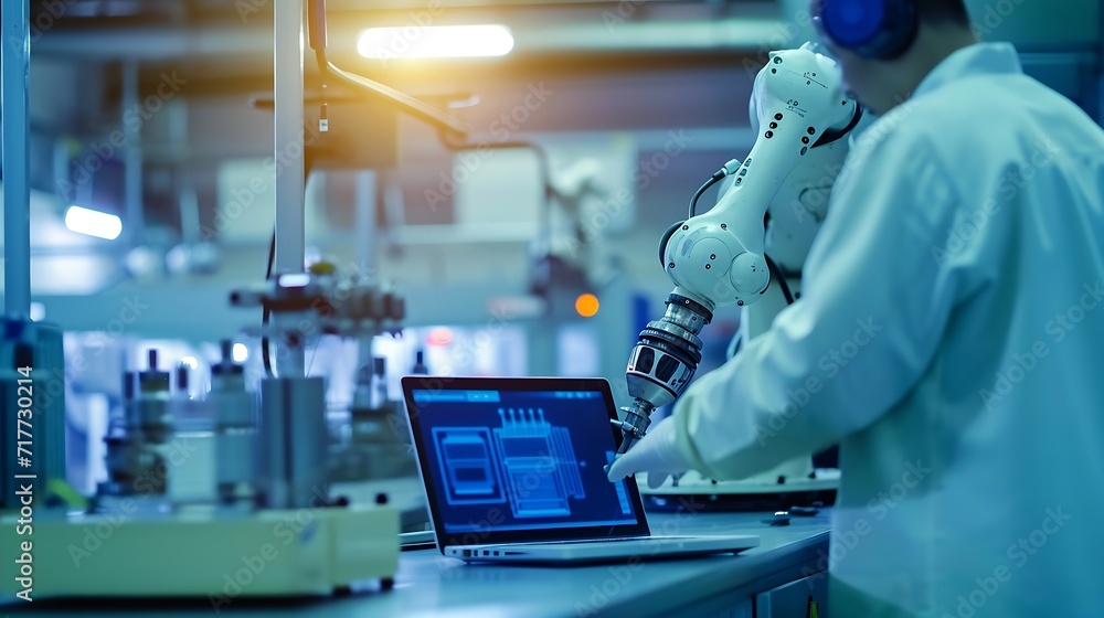 Aufkleber Generative AI : At the Factory: Automation Engineer Uses Laptop for Programming Robotic Arm. New Era in Automatic Manufacturing Industry.