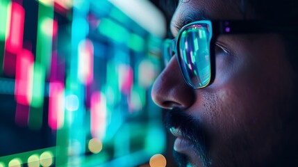 Generative AI : Young indian business man trader wearing glasses