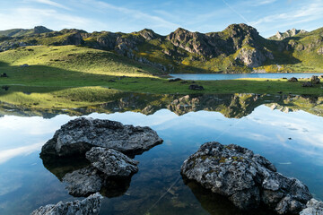 Landscape of Calabazosa lake in Saliencia lakes in Somiedo in a sunny day. Asturias, Spain