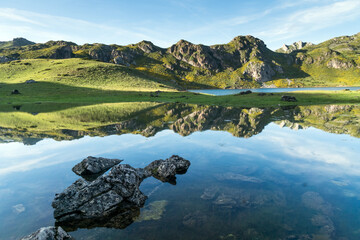 Landscape of Calabazosa lake in Saliencia lakes in Somiedo in a sunny day. Asturias, Spain