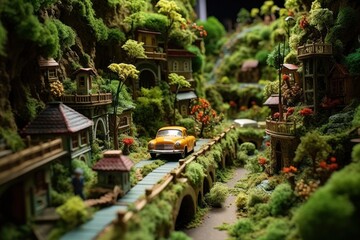 Obraz premium Toy Car City. Miniature of urban architecture. Macro shooting with selective focus.