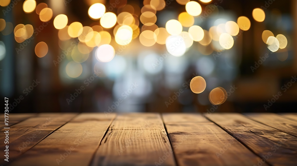 Poster Generative AI : Empty wooden table top with lights bokeh
