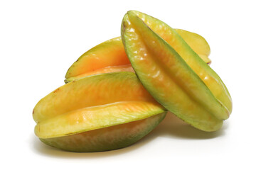 Three fresh organic star fruit delicious isolated on white background clipping path