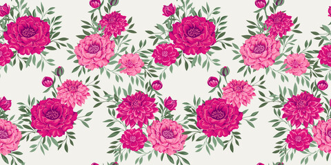 Beautiful vintage artistic abstract pink floral with gently tiny green branches leaves seamless pattern. Stylized flowers peonies dahlias and buds printing on a light background. Design for fashion