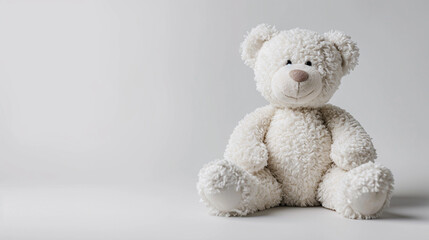 A white teddy bear on a white background