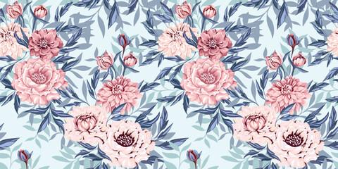 Blooming stylized light floral and stem leaves seamless pattern on a light blue background. Abstract artistic flowers peonies, dahlias and leaf branches printing. Vector drawn illustration plants.