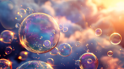 A surreal scene of bubbles in various sizes, each containing a tiny world of love and joy, floating against a serene backdrop