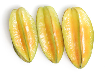 Three fresh organic star fruit top view delicious isolated top view on white background clipping path