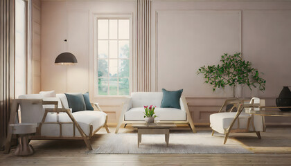 Modern vintage interior of living room - 3D Rendering. Generative AI.