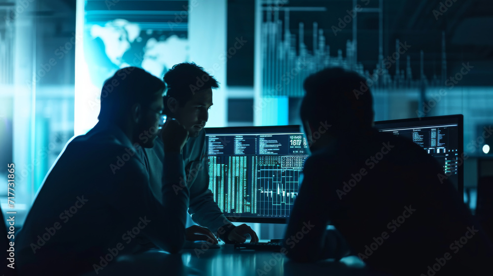 Poster individuals are analyzing financial data on multiple computer screens in a dark room illuminated by the glow of the monitors