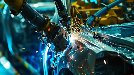 Fototapeta premium Generative AI : Smart robot arm systems for innovative warehouse and factory digital technology . Automation manufacturing robot controlled by industry engineering using IOT software connected to inte