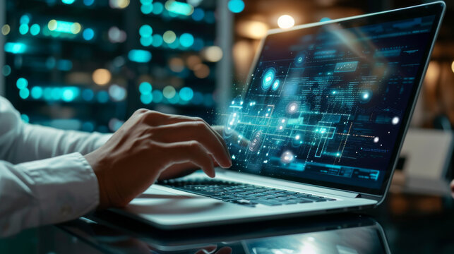 person's hands typing on a laptop with digital data streaming from the screen into a server room