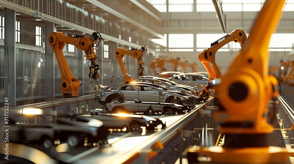 Aufkleber Generative AI : Car Factory 3D Concept: Automated Robot Arm Assembly Line Manufacturing High-Tech Green Energy Electric Vehicles. Automatic Construction, Building, Welding Industrial Production Convey