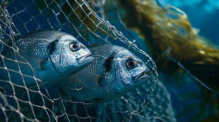 Generative AI : Trapped in ghost nets in the Aegean Sea. Two banded sea bream in ghost fishing gear in the Mediterranean Sea