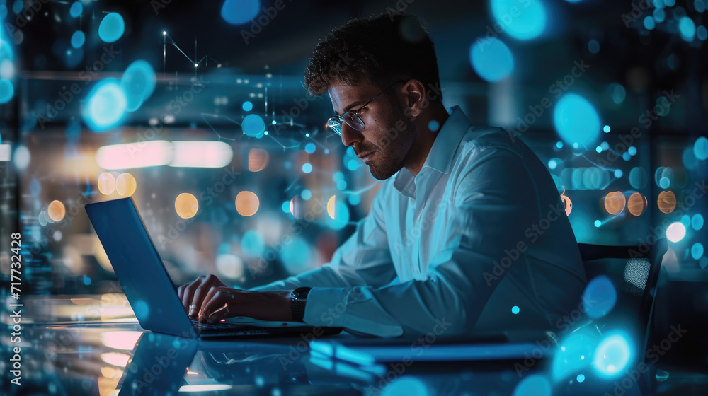Poster man with glasses is working on a laptop in a dimly lit room with a bokeh effect of city lights in th