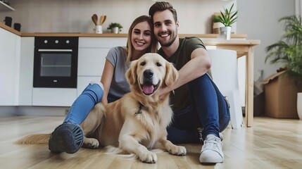 Generative AI : Cheery young international couple with cute golden retriever dog sitting on floor
