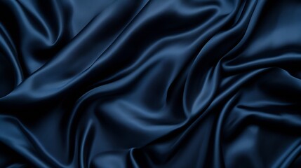 Fototapeta premium Generative AI : Dark blue silk satin. Soft folds. Fabric. Navy blue luxury background. Space for design.Wavy lines.Banner. Wide.Long. Flat lay, top view table. Beautiful. Elegant. Birthday, Christmas,