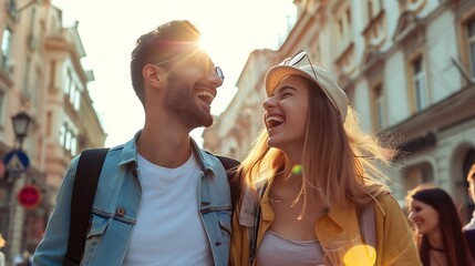 Generative AI : Couple of tourists having fun walking on city street at holiday 