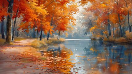 Watercolour style illustration of a lake in a autumn forest