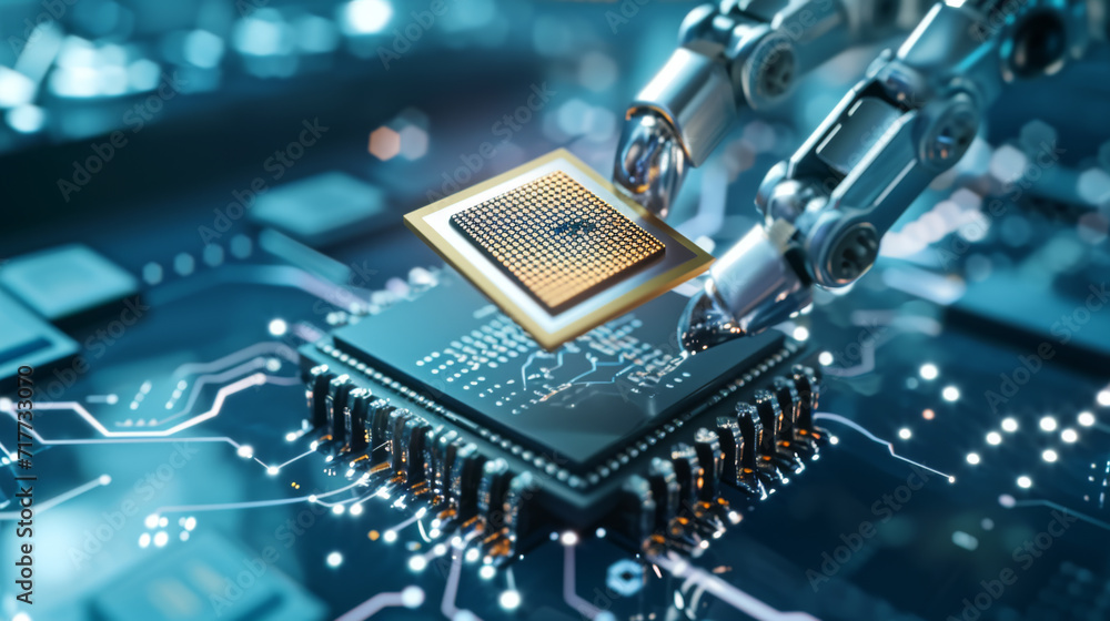 Poster robotic arm is seen installing a processor onto a motherboard