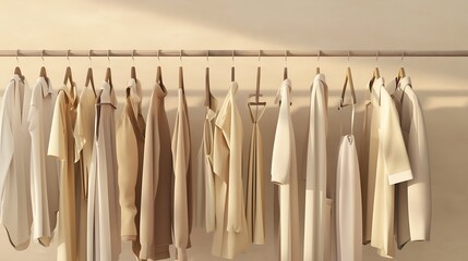 Generative AI : Clothes on grunge background, shelf on cream background. Collection of clothes hanging on a rack 