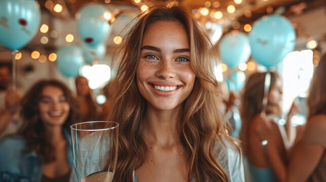 Smiling Beauty with Freckles and Blue Eyes, Enjoying a Glass of Wine at a Party Generative AI