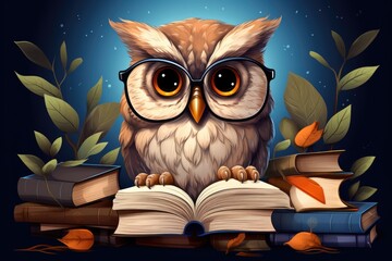 Obraz premium cute owl with glasses in library illustration