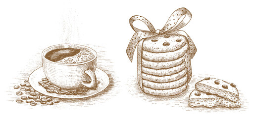 Cup of coffee with cookies drawn by hand