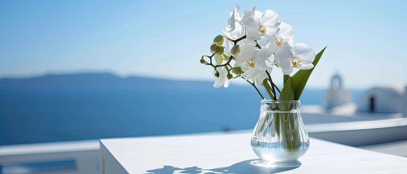 Beautiful White Orchid Flower In A Glass Vase On A White Modern Tabletop Against The Backdrop Of The Sea And Clear Blue Sky. Used For Display, Installation And Advertising Of Products