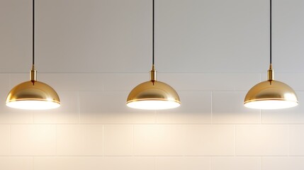 Three Hanging Lights in Gold, Illuminating a Kitchen Ceiling. Cafe lighting concept. Banner.