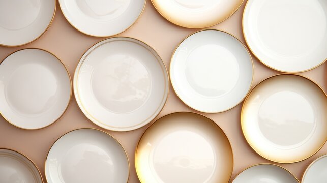 Top View of Gold Rimmed White Ceramic Plates Arranged on a Pastel Pink Surface