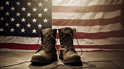 Old combat boots and dog tags with American flag. Neural network AI generated art