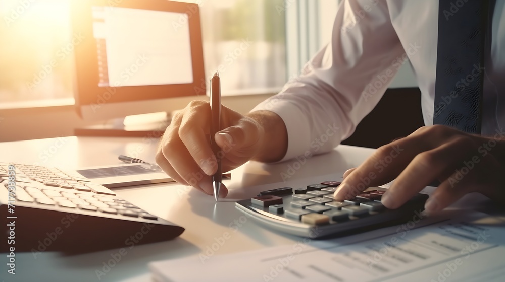 Poster Generative AI : businessman working on desk office with using a calculator to calculate the numbers