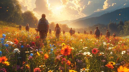 Wanderlust Wedding: A Sunset Celebration in a Field of Flowers Generative AI