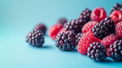 pile of ripe berries, mulberries, raspberries skilling out isolated on plain blue color studio background