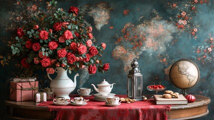 Obraz na płótnie Canvas Rose Tea Party: A Monthly Celebration of Love and Flavor Generative AI