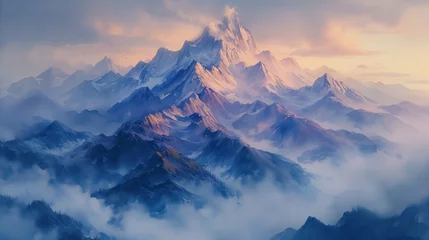 Fototapeten Oil painting style illustration of a majestic misty mountain landscape  © Flowal93