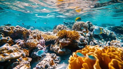 Generative AI : Underwater colorful coral with tropical fish in shallow water, Pacific ocean, Huahine, French Polynesia - obrazy, fototapety, plakaty