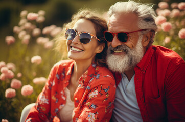 Adult couple in love sunbathes in the sun
